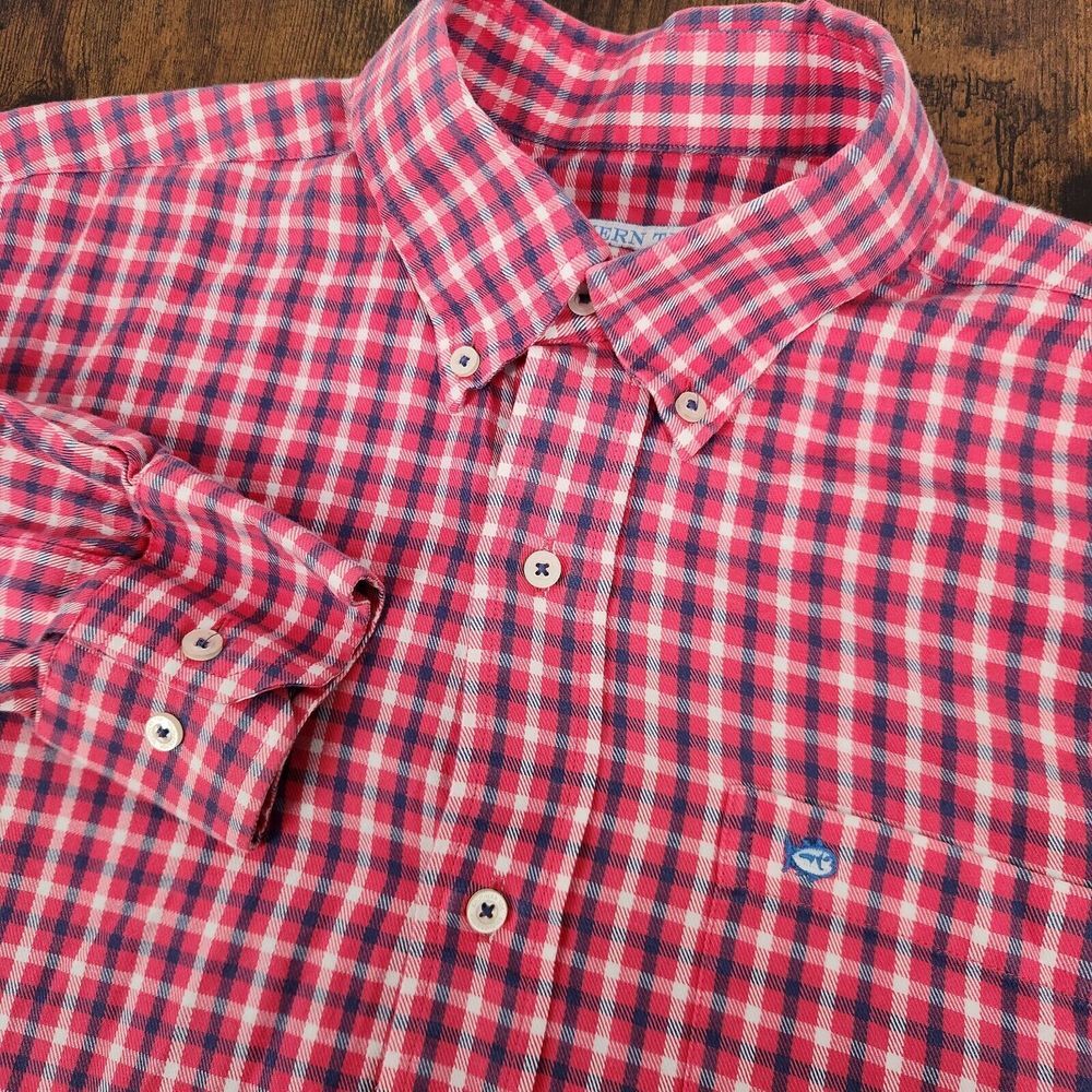 Southern Tide Men's Shirt Medium Long Sleeve Button Down Pink Blue‎ Check